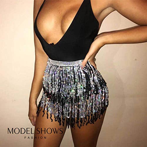 Belly Dance Hip Skirt Tassel Scarf Sequin Wrap Rave Costume for Women (Blue)