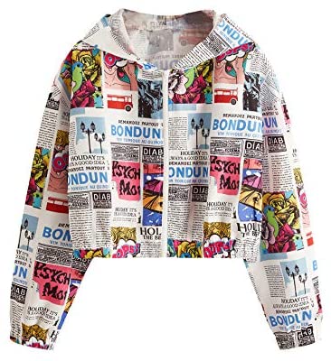 Women's Fashion Long Sleeve Comic Print Crop Bomber Zipper Jacket