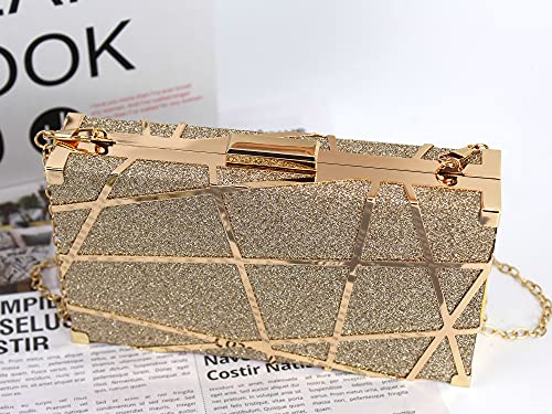 Women Lattice Pattern Metal Handbag Chain Geometric Evening Clutch Purse, Gold