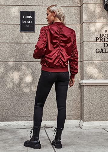 Womens Casual Jackets Long Sleeve Lightweight Fall Satin Bomber Jacket Zip Up Biker Windbreaker Coat with Pockets