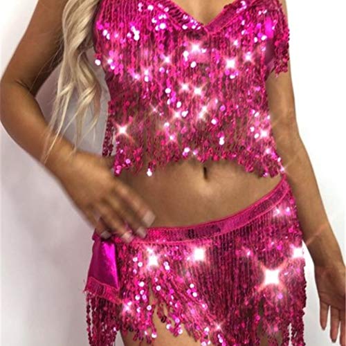 Belly Dance Hip Skirt Tassel Scarf Sequin Wrap Rave Costume for Women (Blue)
