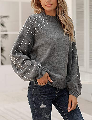 Women's Chunky Sweater Crewneck Sweatshirt Knit Lantern Sleeve Oversized Pullover Sweater with Pearls (Large, Grey)