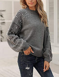 Women's Chunky Sweater Crewneck Sweatshirt Knit Lantern Sleeve Oversized Pullover Sweater with Pearls (Large, Grey)
