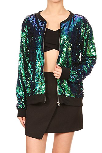 Womens Sequin Long Sleeve Front Zip Jacket with Ribbed Cuffs, Gold, Small