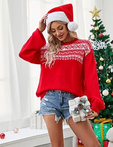 Women's Chunky Sweater Crewneck Sweatshirt Knit Lantern Sleeve Oversized Pullover Sweater with Pearls (Large, Grey)