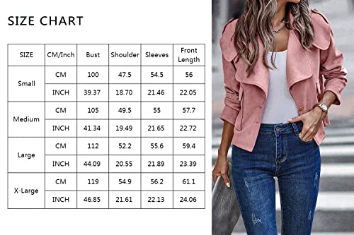 Faux Suede Jacket for Women Casual Long Sleeve Button Notch Collar Short Moto Biker Coat Fall Dark Khaki Small