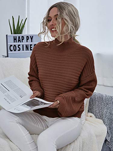 MakeMeChic Women's Solid High Neck Drop Shoulder Textured Pullover Sweater Apricot L