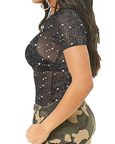 Women's Long Sleeve Short Sleeve Glitter Sheer Mesh Tops T Shirt Blouse Clubwear