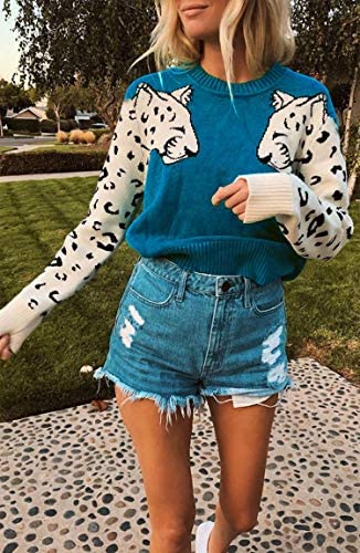 Women's Sweaters Casual Leopard Printed Patchwork Long Sleeves Knitted Pullover Cropped Sweater Tops