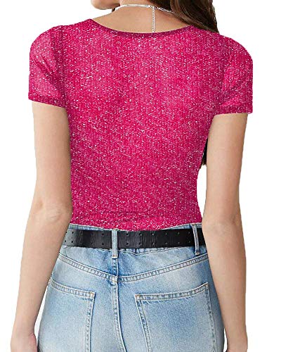 Women's Long Sleeve Short Sleeve Glitter Sheer Mesh Tops T Shirt Blouse Clubwear