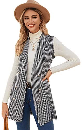 Women's Double Breasted Long Vest Jacket Casual Sleeveless Pocket Outerwear Longline