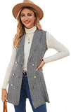 Women's Double Breasted Long Vest Jacket Casual Sleeveless Pocket Outerwear Longline