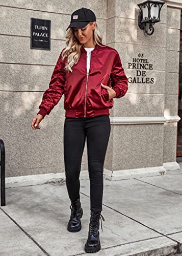 Womens Casual Jackets Long Sleeve Lightweight Fall Satin Bomber Jacket Zip Up Biker Windbreaker Coat with Pockets