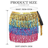 Belly Dance Hip Skirt Tassel Scarf Sequin Wrap Rave Costume for Women (Blue)