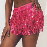 Belly Dance Hip Skirt Tassel Scarf Sequin Wrap Rave Costume for Women (Blue)