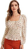 Women's Sexy Frill Ditsy Floral Print Crop Top Square Neck Long Sleeve Shirred Blouse Tops