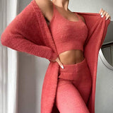 Womens Fuzzy Fleece 3 Piece Pajama Set Tank Crop Tops Pants Open Front Cardigan Lounge Outfit Light Blue S
