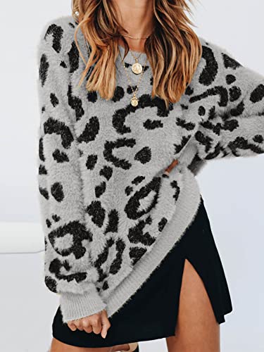 Womens Leopard Crewneck Sweater Oversized Casual Loose Basic Sherpa Pullover Knit Jumper