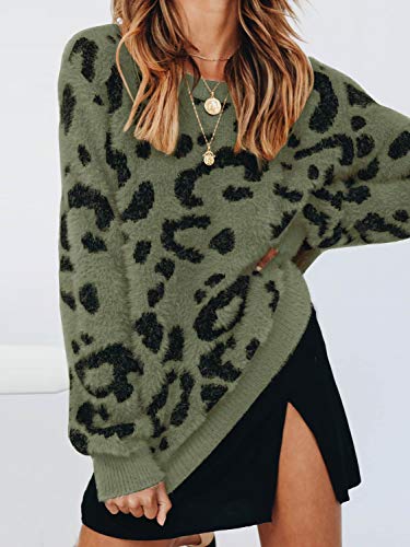 Womens Leopard Crewneck Sweater Oversized Casual Loose Basic Sherpa Pullover Knit Jumper