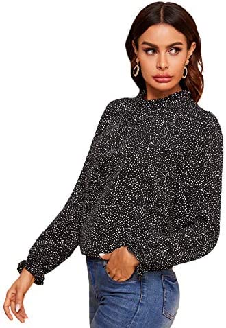 Women's Casual Mock Neck Long Sleeve Dalmatian Print Ruffle Trim Blouse Tops Shirts Black