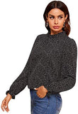 Women's Casual Mock Neck Long Sleeve Dalmatian Print Ruffle Trim Blouse Tops Shirts Black