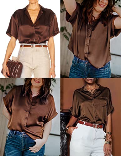 Black Silk Button Up Shirt Women Satin Blouse Casual V-Neck Long Sleeve Business Office Blouses Tops Black S