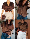 Black Silk Button Up Shirt Women Satin Blouse Casual V-Neck Long Sleeve Business Office Blouses Tops Black S