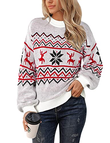 Women's Chunky Sweater Crewneck Sweatshirt Knit Lantern Sleeve Oversized Pullover Sweater with Pearls (Large, Grey)