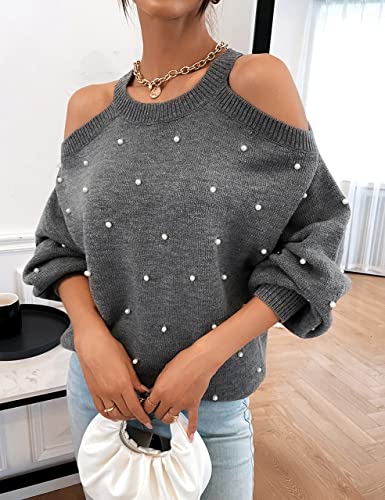 Women's Chunky Sweater Crewneck Sweatshirt Knit Lantern Sleeve Oversized Pullover Sweater with Pearls (Large, Grey)