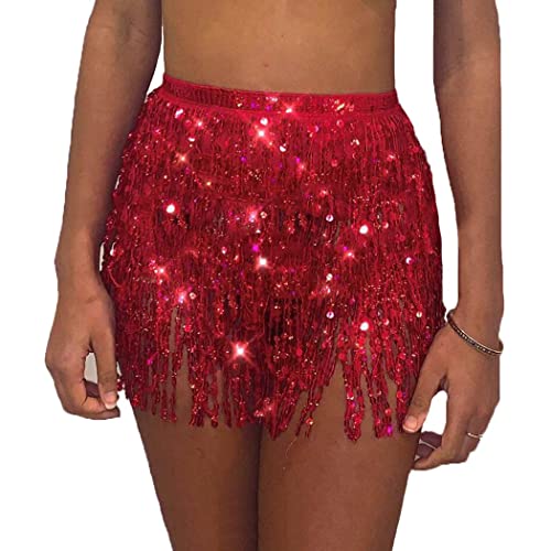 Belly Dance Hip Skirt Tassel Scarf Sequin Wrap Rave Costume for Women (Blue)