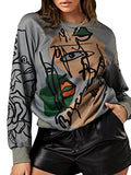 Women's Figure Graphic Print Sweatshirt Round Neck Long Sleeve Contrast Color Graffiti Pullovers Brown L