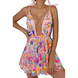 Women Girls Backless Sequin Dresses Spaghetti Strap Deep V-Neck A-line Short Dress Sparkly Party Clubwear