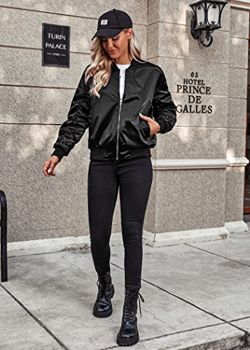Womens Casual Jackets Long Sleeve Lightweight Fall Satin Bomber Jacket Zip Up Biker Windbreaker Coat with Pockets
