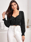 Women's Long Bishop Sleeve Polka-dot Crop Top Blouse Shirred Tie Front Sweetheart Neck Shirt