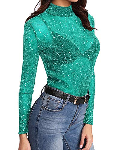 Women's Long Sleeve Short Sleeve Glitter Sheer Mesh Tops T Shirt Blouse Clubwear