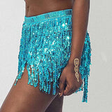 Belly Dance Hip Skirt Tassel Scarf Sequin Wrap Rave Costume for Women (Blue)