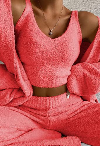 Womens Fuzzy Fleece 3 Piece Pajama Set Tank Crop Tops Pants Open Front Cardigan Lounge Outfit Light Blue S