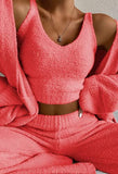 Womens Fuzzy Fleece 3 Piece Pajama Set Tank Crop Tops Pants Open Front Cardigan Lounge Outfit Light Blue S