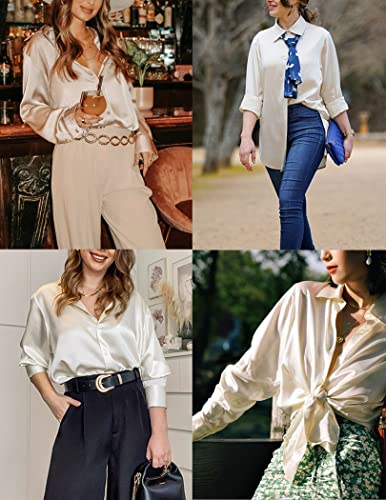 Black Silk Button Up Shirt Women Satin Blouse Casual V-Neck Long Sleeve Business Office Blouses Tops Black S