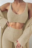 Womens Fuzzy Fleece 3 Piece Pajama Set Tank Crop Tops Pants Open Front Cardigan Lounge Outfit Light Blue S