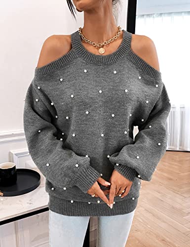 Women's Chunky Sweater Crewneck Sweatshirt Knit Lantern Sleeve Oversized Pullover Sweater with Pearls (Large, Grey)