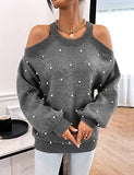 Women's Chunky Sweater Crewneck Sweatshirt Knit Lantern Sleeve Oversized Pullover Sweater with Pearls (Large, Grey)