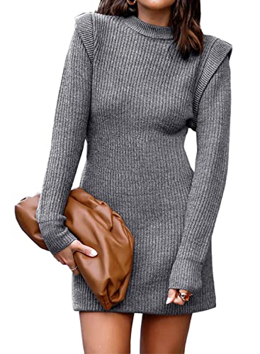 Women Sweater Bodycon Short Dress Long Sleeve Crew Neck Slim Fit Solid Dressy Fall Winter Mini Ribbed Knit Dresses(Solid Dark Coffee, Large)
