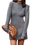 Women Sweater Bodycon Short Dress Long Sleeve Crew Neck Slim Fit Solid Dressy Fall Winter Mini Ribbed Knit Dresses(Solid Dark Coffee, Large)