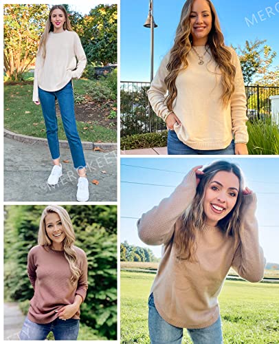 Women's Long Sleeve Oversized Crew Neck Solid Color Knit Pullover Sweater Tops Mocha