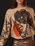 Women's Figure Graphic Print Sweatshirt Round Neck Long Sleeve Contrast Color Graffiti Pullovers Brown L