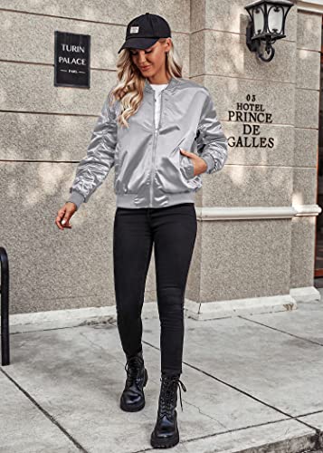 Womens Casual Jackets Long Sleeve Lightweight Fall Satin Bomber Jacket Zip Up Biker Windbreaker Coat with Pockets
