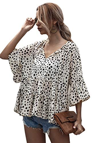 Women's Casual V Neck Flounce 3/4 Sleeve Top Ruffle Loose Blouse