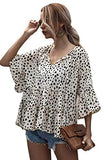 Women's Casual V Neck Flounce 3/4 Sleeve Top Ruffle Loose Blouse