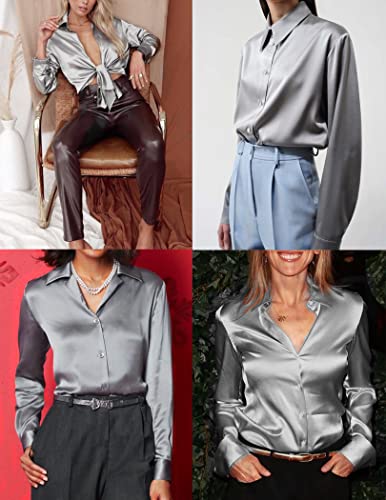Black Silk Button Up Shirt Women Satin Blouse Casual V-Neck Long Sleeve Business Office Blouses Tops Black S